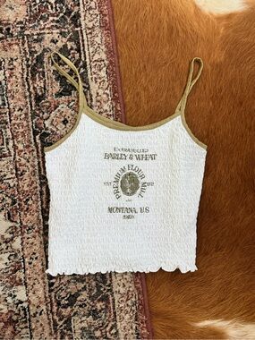 Cotton On White Smocked Cami with Olive Trim and Graphic